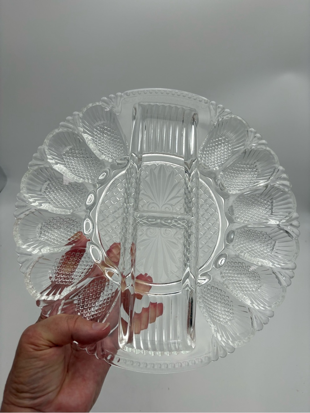 Vintage L.E. Smith “Heritage” Clear Pressed Glass Deviled Egg Plate Relish Tray